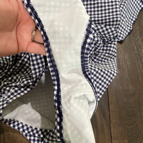 Gingham blue white ruffle bathing swimsuit removable straps Large Kona sol EUC - Picture 7 of 10
